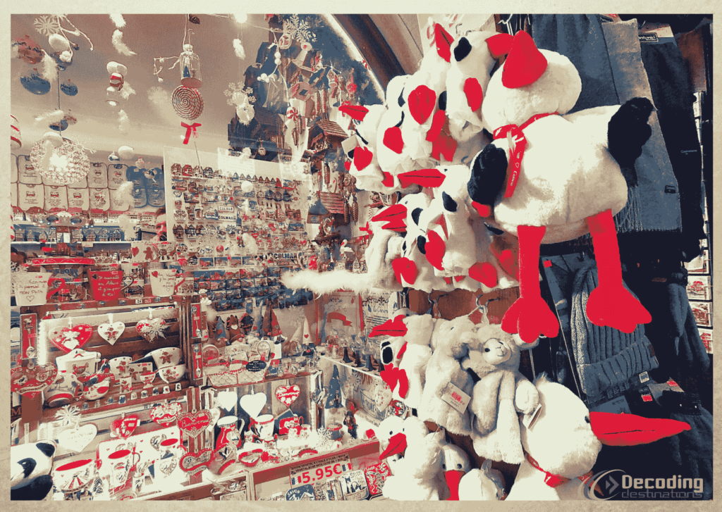 Colmar France Souvenir shops selling soft toys of white stork-min