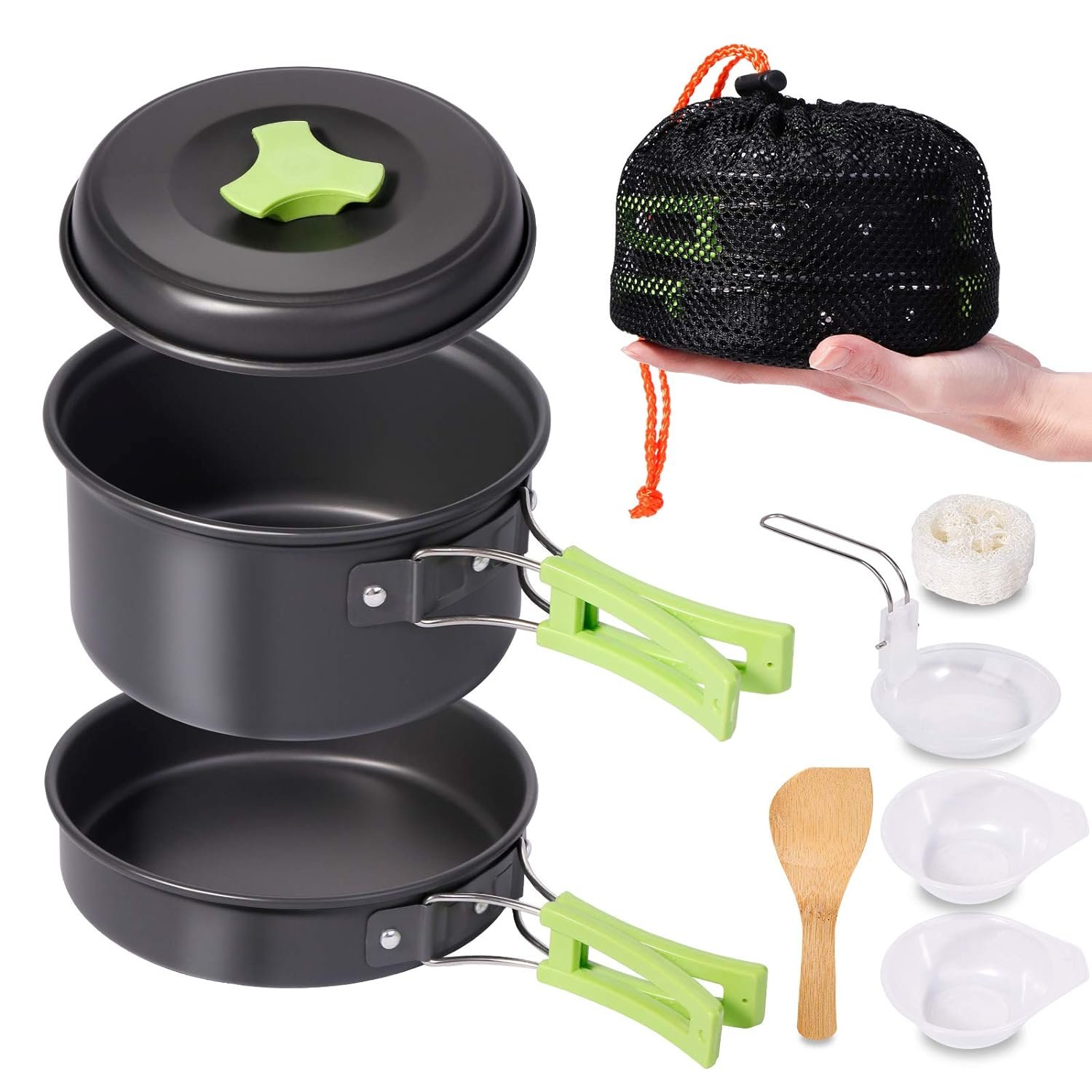 REHTRAD 8 Pcs Camping Cooking Set, Camping Accessories for Outdoor, Camping Utensils with Carry Bag, Camping Bowl Pot Pan Set